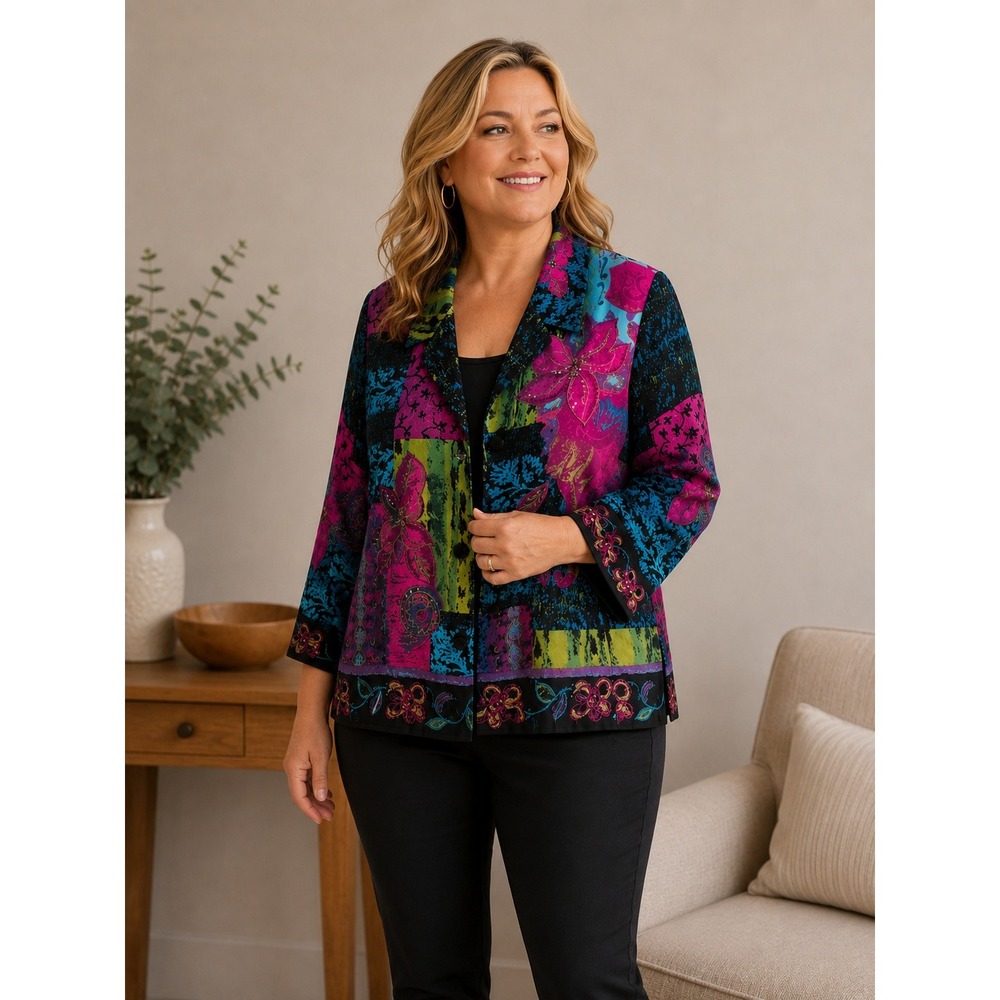 Vintage 90s Nancy Bolen Silk Blazer Women Large Colorful Floral Beaded Patchwork
